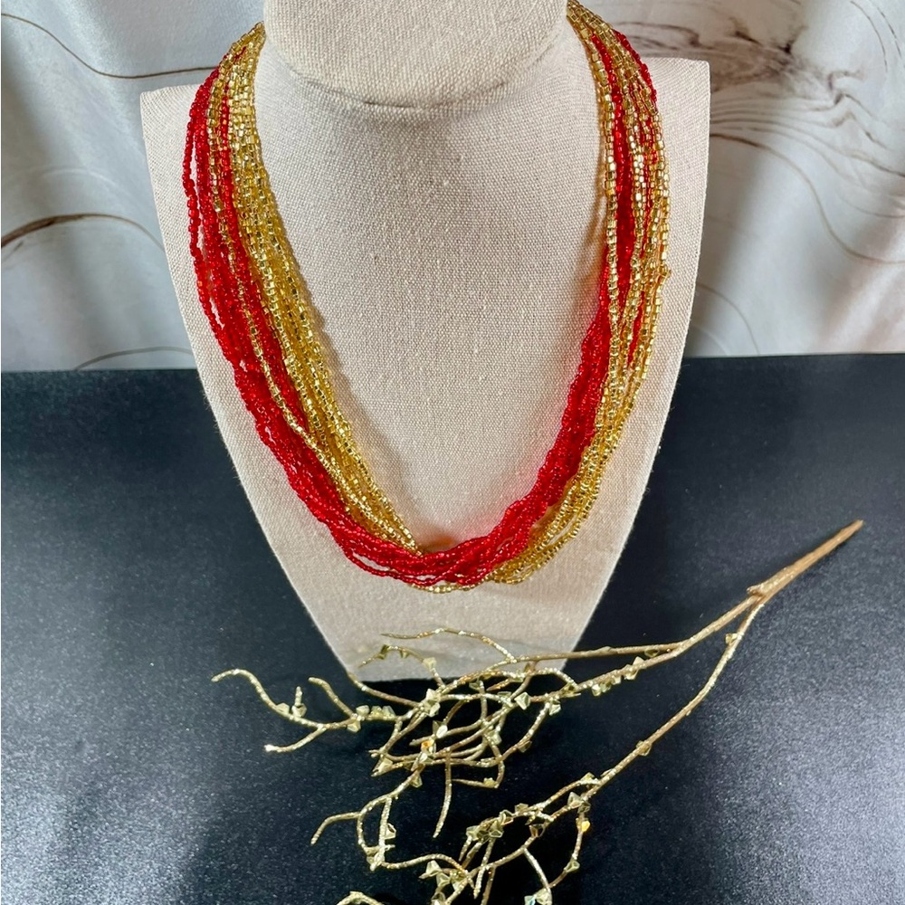 Vintage Elegant Red and Gold Glass Beaded Necklaces